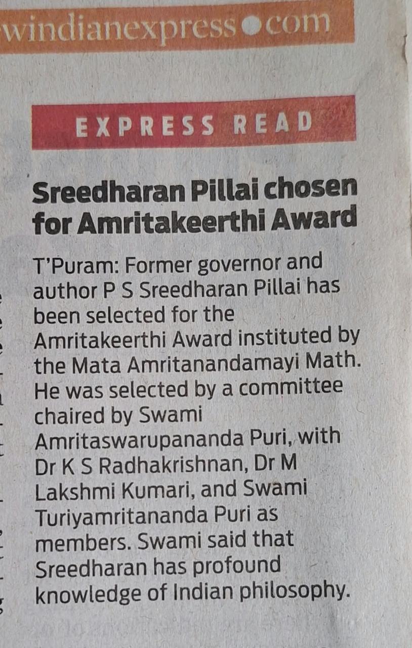 Sreedharan Pillai choosen for Amrithakeerty award